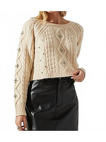 Astr Crystal Embellished Long Sleeve Sweater in Cream (view 2)