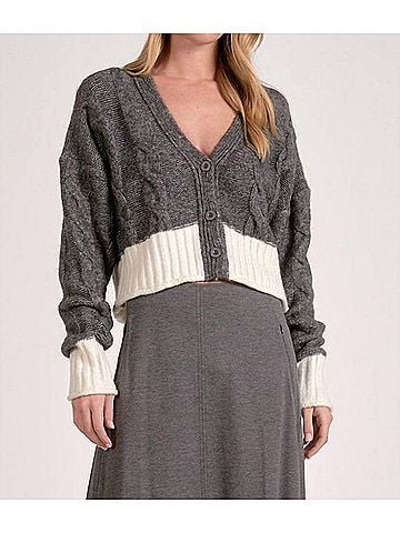 Elan Carrie Cable Crop Cardigan in Grey (view 2)