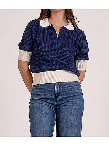 Elan 3/4 Sleeve Collar Sweater Top in Blue (view 2)