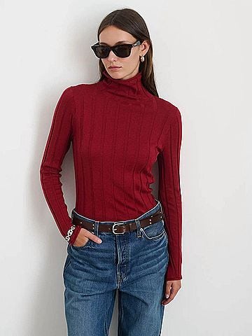 Alex Mill Ellie Ribbed Turtleneck Knit Top in Cabernet (view 2)