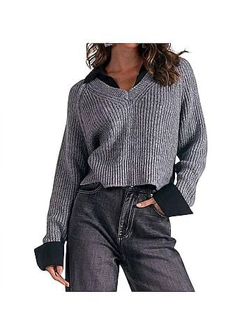 Elan Little Stevie Layered Sweater/Shirt Combo in Grey/Black (view 2)