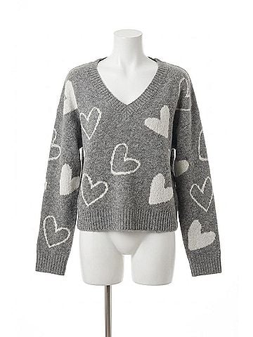 Hem & Thread Heart V-Neck Sweater Top in Grey (view 1)
