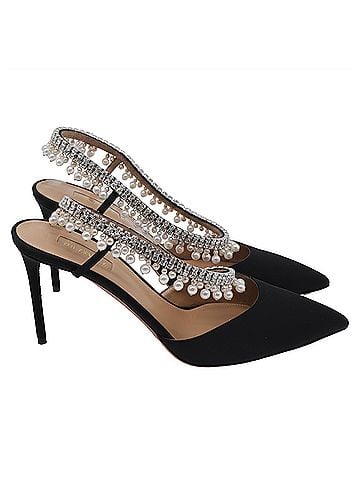 Aquazzura Aquazzura Embellished Slingback Pumps in Black Satin (view 1)