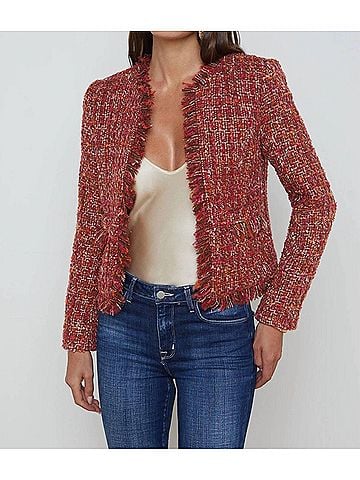 L'Agence Angelina Open-Front Blazer in Orange/Pink Tweed (view 2)