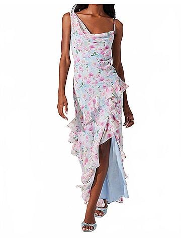 Astr Levina Asymmetric Floral Ruffle Dress in Blue Floral (view 2)