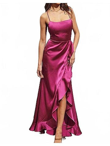 Dress Forum Sexy Satin Ruched High Split Maxi Dress in Fuschia (view 2)