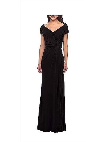 La Femme Off The Shoulder Jersey Dress With Ruching in Black (view 2)