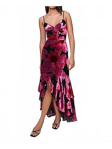 Hutch Royce Fitted Bodice Tiered High Low Dress in Black Pink Romantic Painted Floral (view 2)