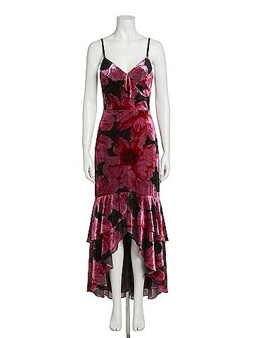 Hutch Royce Fitted Bodice Tiered High Low Dress in Black Pink Romantic Painted Floral (view 1)