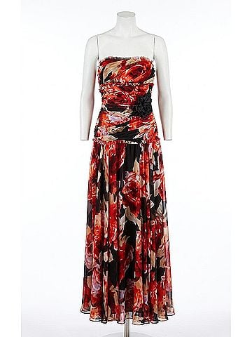 JS Collections Women's Strapless Chiffon Floral Printed Long Dress in Orange/Black (view 1)