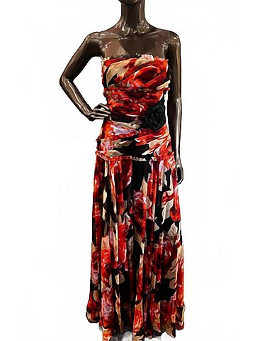 JS Collections Women's Strapless Chiffon Floral Printed Long Dress in Orange/Black (view 2)