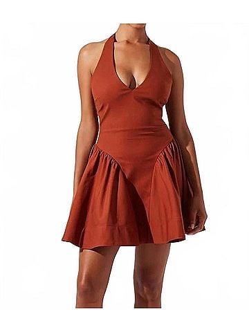 Astr Nicole V Neck Halter Mini Dress in Brown (view 2)