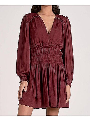 Elan V-Neck Long Sleeve Smocked Waist Dress in Plum (view 2)