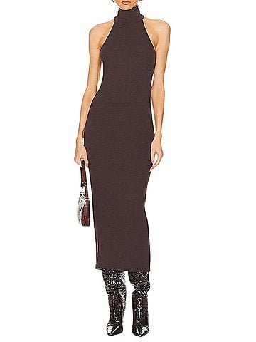 Enza Costa Knit Halter Turtleneck Fluid Dress in Bitter Brown (view 2)