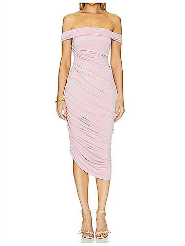 Katie May Alana Off Shoulder Midi Dress in Rose Quartz (view 2)