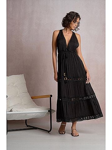 Elan Caicos Midi Dress With Crochet Detail in Black (view 2)