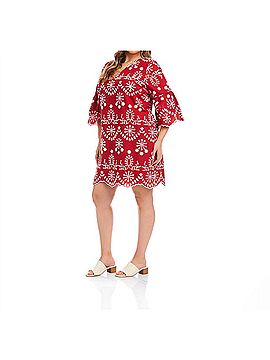 Karen Kane Flare Sleeve Embroidered Dress - Plus in Red With Off White (view 2)