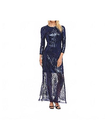 Karen Kane 3/4 Sleeve Sequin Side Slit Dress in Navy (view 2)