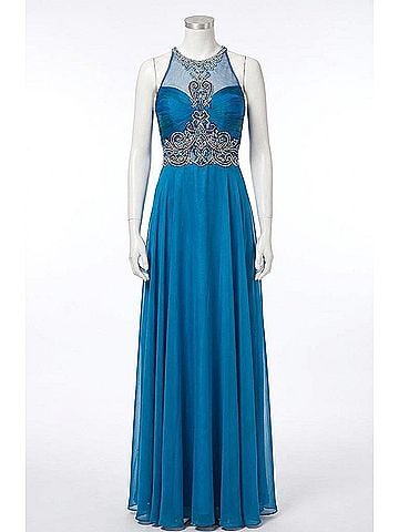 Angela & Alison Chiffon Long Prom Dress in Midnight Blue (view 1)