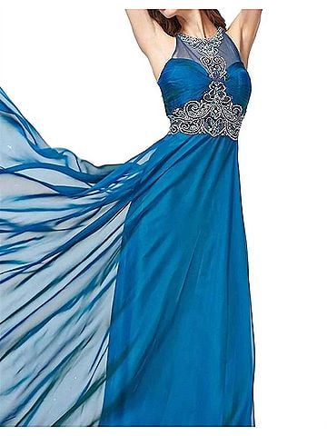 Angela & Alison Chiffon Long Prom Dress in Midnight Blue (view 2)