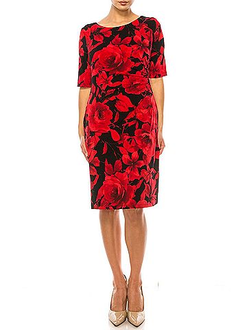 Connected Apparel 3/4 Sleeve Jersey Dress in Red (view 2)