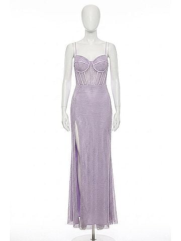 La Femme Rhinestone Embellished Fishnet Prom Dress in Lavender (view 1)