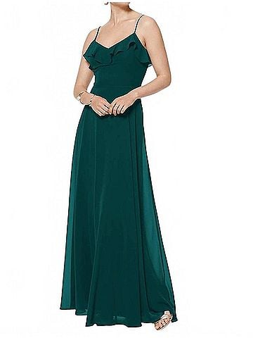 Bill Levkoff Chiffon Spaghetti Strap Gown in Evergreen (view 2)
