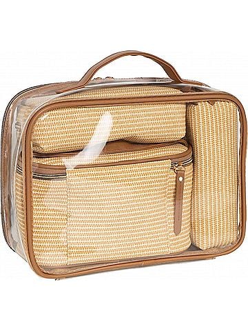 Joan & David Women's Straw Texture 4 Piece Clear Cosmetic Bag Set in Natural (view 2)