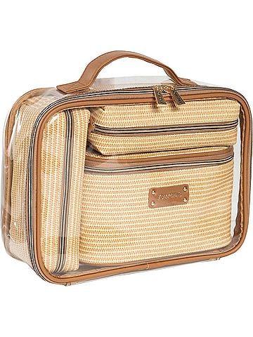 Joan & David Women's Straw Texture 4 Piece Clear Cosmetic Bag Set in Natural (view 1)