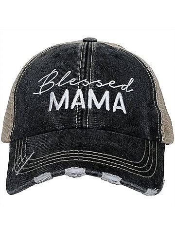 Katydid Collection Women's Blessed Mama Script Embroidered Distressed Trucker Hat in Black (view 1)