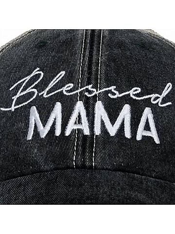 Katydid Collection Women's Blessed Mama Script Embroidered Distressed Trucker Hat in Black (view 2)