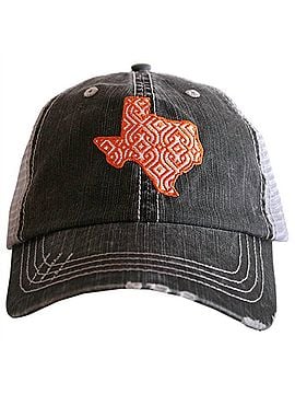 Katydid Collection Women's Ikat Texas Embroidered Distressed Trucker Hat in Burnt Orange &amp; White (view 1)