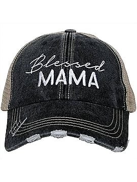 Katydid Collection Women's Blessed Mama Script Embroidered Distressed Trucker Hat in Black (view 1)