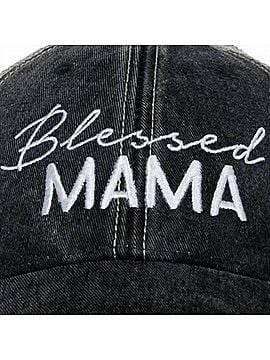Katydid Collection Women's Blessed Mama Script Embroidered Distressed Trucker Hat in Black (view 2)
