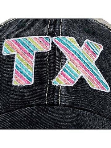 Katydid Collection Women's Tx Embroidered Distressed Trucker Hat in Multicolor Stripe (view 2)
