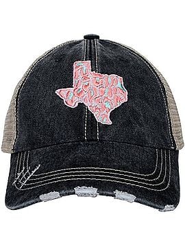 Katydid Collection Women's Leopard Texas State Embroidered Distressed Trucker Hat in Pink/ Black (view 1)