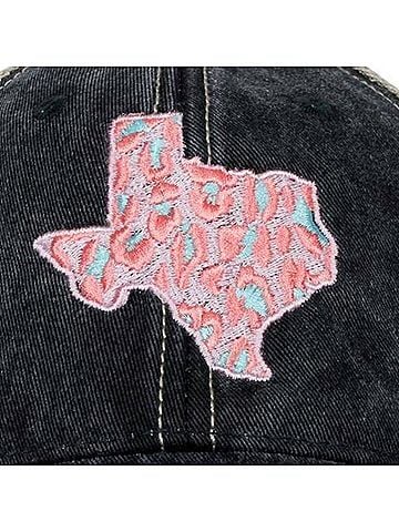 Katydid Collection Women's Leopard Texas State Embroidered Distressed Trucker Hat in Pink/ Black (view 2)