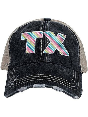 Katydid Collection Women's Tx Embroidered Distressed Trucker Hat in Multicolor Stripe (view 1)