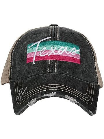 Katydid Collection Women's Texas Script Embroidered Distressed Trucker Hat in Black (view 1)