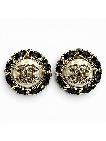 Chanel CHANEL B25 Coco Mark Crystal Leather Trim Pearl Earrings, White, Black, Gold Hardware, Made in France, Women's, with Box and Dust Bag. (view 1)