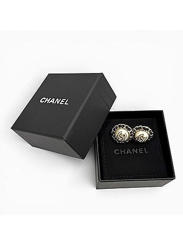 Chanel CHANEL B25 Coco Mark Crystal Leather Trim Pearl Earrings, White, Black, Gold Hardware, Made in France, Women's, with Box and Dust Bag. (view 2)