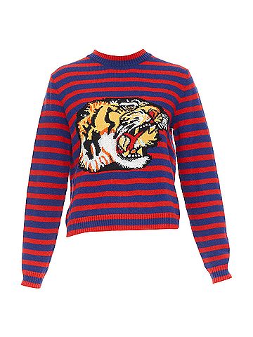 Gucci GUCCI 2017 Runway wool red blue stripe Tiger Head intarsia crew sweater XS (view 2)