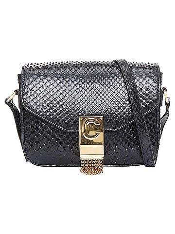 Céline Celine C Bag Runway black gold scaled leather fringe C clasp crossbody box bag (view 1)