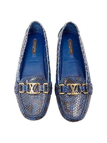 Louis Vuitton Louis Vuitton Dauphine blue polished snake leather gold LV logo loafers (view 1)