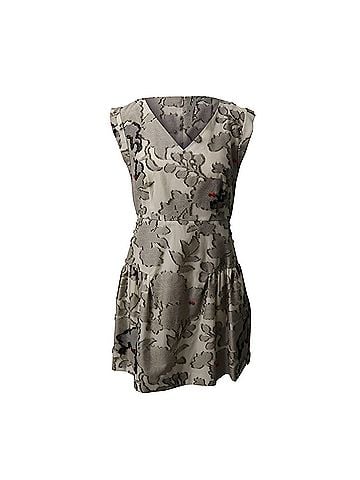 Paule Ka Paule Ka Floral V-Neck Dress with Fur Applique in Grey Cotton (view 1)