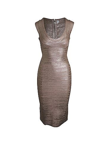 Herve Leger Herve Leger Scoop Neck Bandage Dress in Metallic Rose Gold Rayon (view 1)