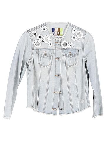 MSGM Denim Jacket Floral-Embellished Jacket in Blue Cotton Denim (view 1)