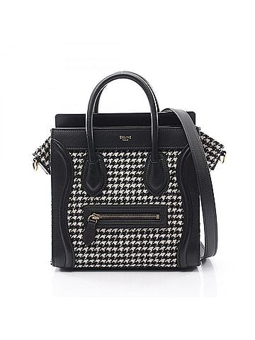 Céline Celine Luggage Nano Shopper Houndstooth 2-Way Handbag, Wool Leather, Women's, Black/White (view 1)