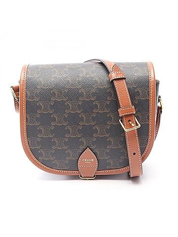 Céline Celine Folco Medium Bag Triomphe Shoulder Handbag Coated Canvas Leather Women's Black/Brown (view 1)