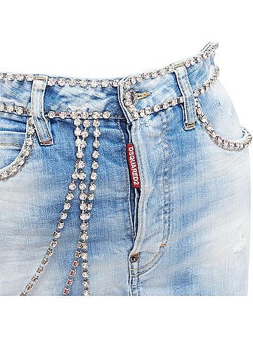 Dsquared2 Dsquared2 Distressed Denim Crystal Chain Embellished Mini Skirt (view 2)